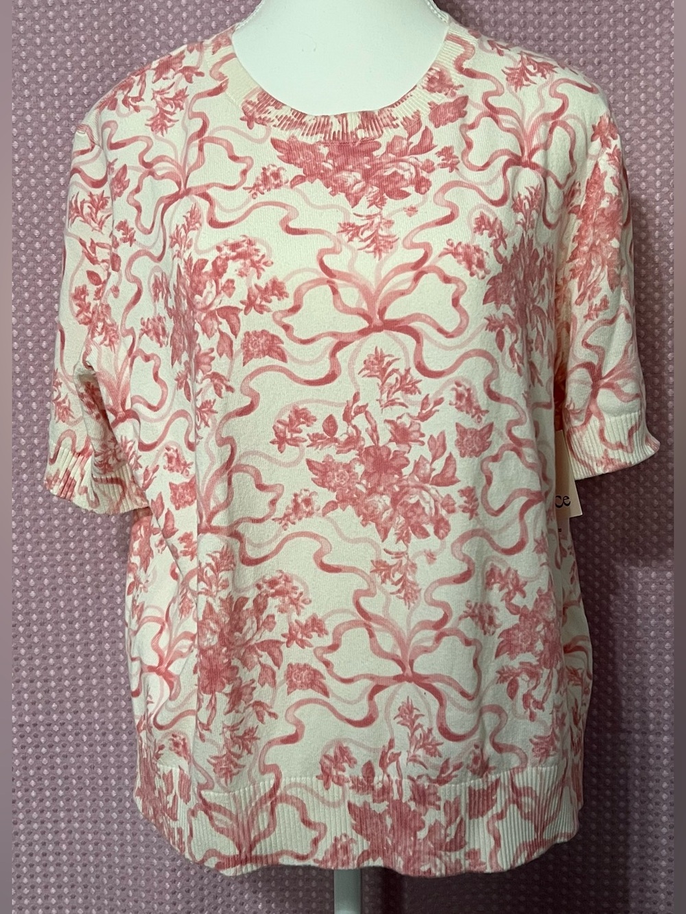 CeCe Pink Floral Ribbon-Print Short Sleeve Top